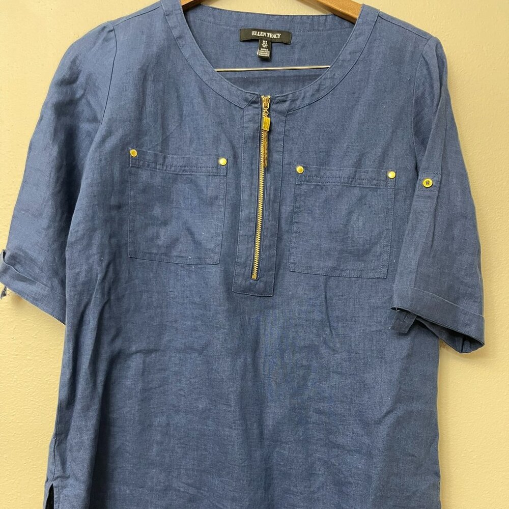 Ellen Tracy Blue Linen Zip Tunic Small